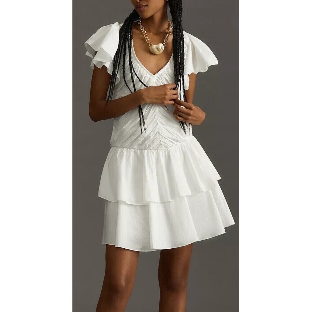 Love The Label White Ruffled Mini Dress Ruched V-Neck Tiered Cotton Poplin Large
